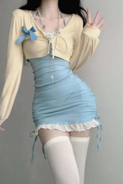 Y2K Pastel Goth Mini Dress & Cardigan Set - 90s Grunge Summer Outfit, Retro Y2K Fashion