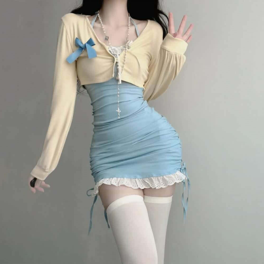 Y2K Pastel Goth Mini Dress & Cardigan Set - 90s Grunge Summer Outfit, Retro Y2K Fashion
