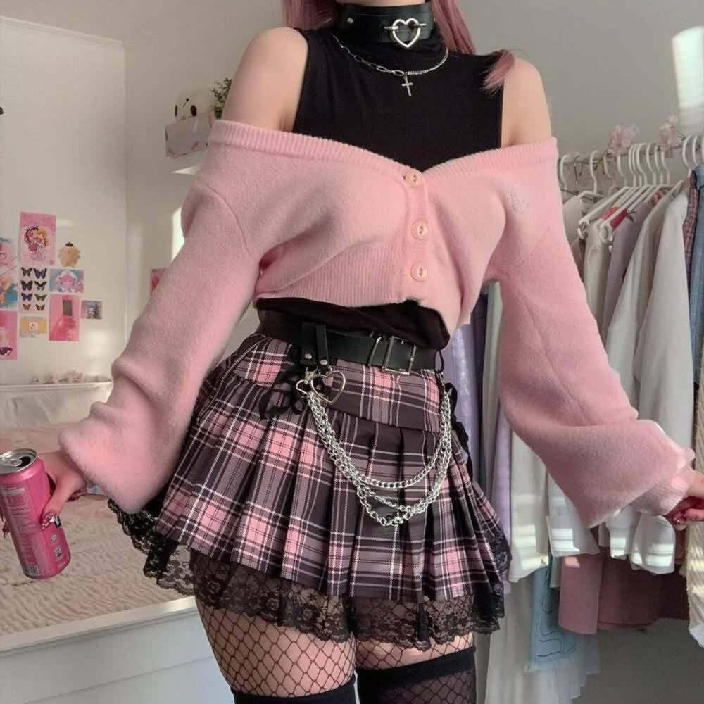 Y2K Pastel Goth Punk Lace Pleated Mini Skirt - Retro 90s Grunge Summer Outfit
