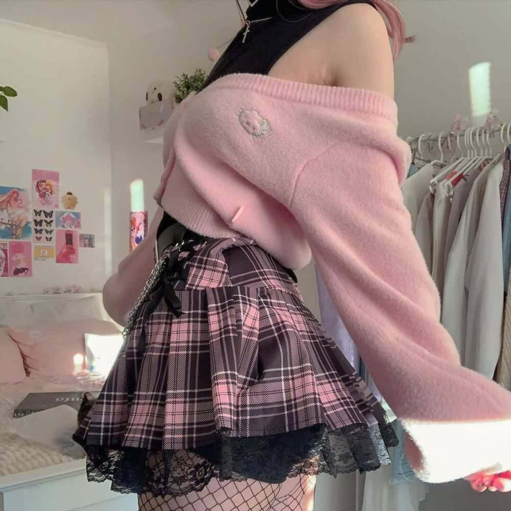 Y2K Pastel Goth Punk Lace Pleated Mini Skirt - Retro 90s Grunge Summer Outfit
