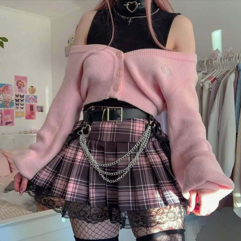 Y2K Pastel Goth Punk Lace Pleated Mini Skirt - Retro 90s Grunge Summer Outfit