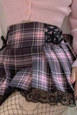 Y2K Pastel Goth Punk Lace Pleated Mini Skirt - Retro 90s Grunge Summer Outfit