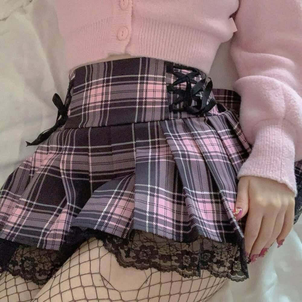 Y2K Pastel Goth Punk Lace Pleated Mini Skirt - Retro 90s Grunge Summer Outfit
