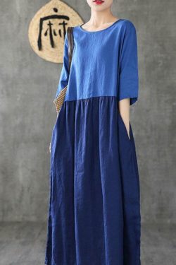 Y2K Patchwork Linen Dress - Half Sleeve, Blue, Summer Fashion, Retro 90s Grunge Outfit