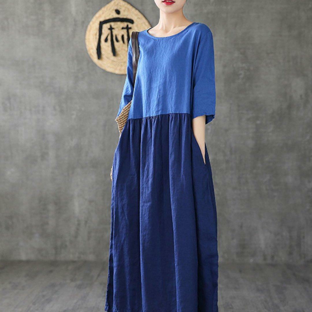 Y2K Patchwork Linen Dress - Half Sleeve, Blue, Summer Fashion, Retro 90s Grunge Outfit