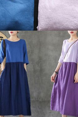 Y2K Patchwork Linen Dress - Half Sleeve, Blue, Summer Fashion, Retro 90s Grunge Outfit