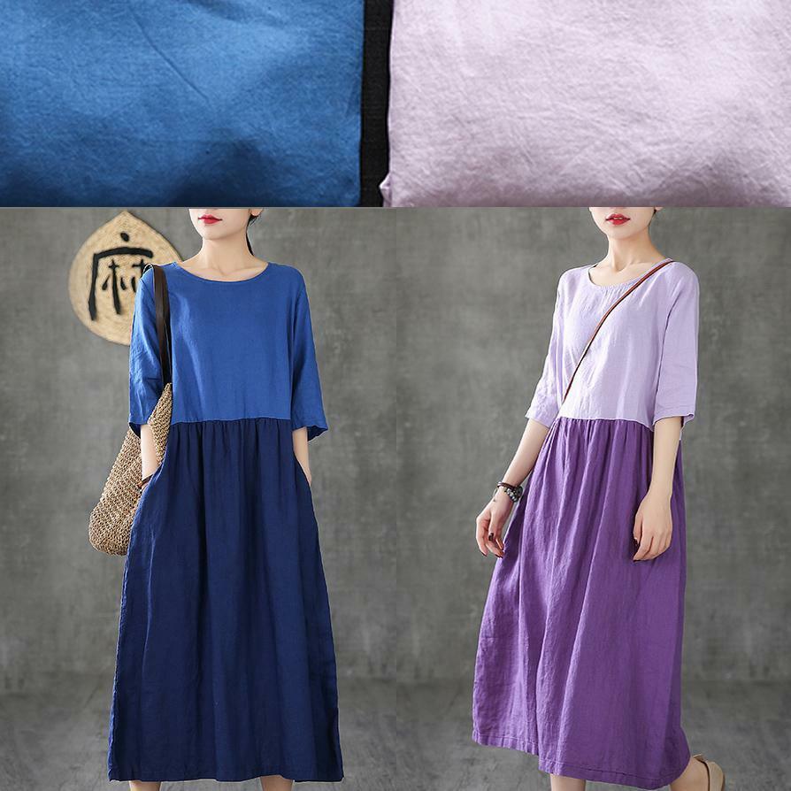 Y2K Patchwork Linen Dress - Half Sleeve, Blue, Summer Fashion, Retro 90s Grunge Outfit
