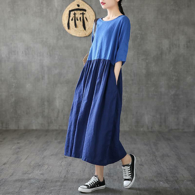 Y2K Patchwork Linen Dress - Half Sleeve, Blue, Summer Fashion, Retro 90s Grunge Outfit