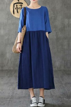 Y2K Patchwork Linen Dress - Half Sleeve, Blue, Summer Fashion, Retro 90s Grunge Outfit