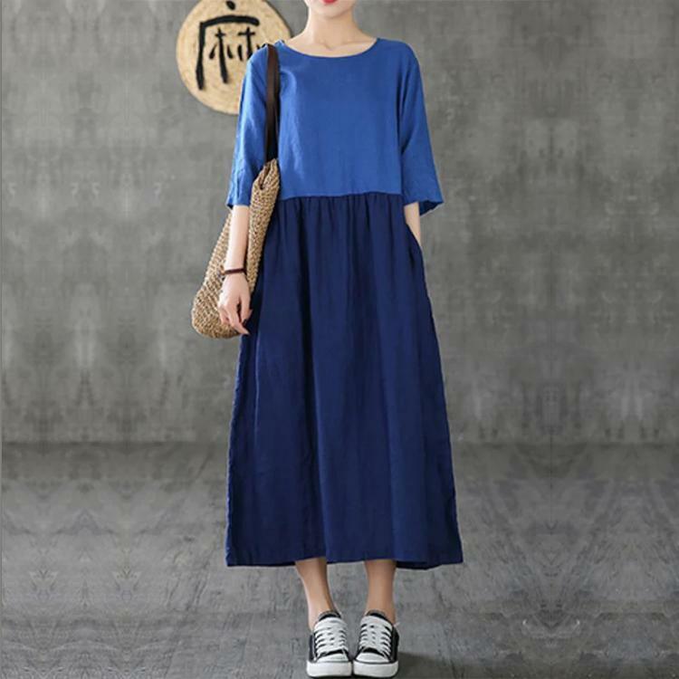 Y2K Patchwork Linen Dress - Half Sleeve, Blue, Summer Fashion, Retro 90s Grunge Outfit
