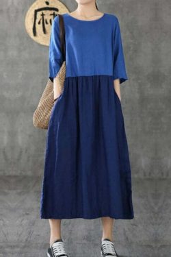 Y2K Patchwork Linen Dress - Half Sleeve, Blue, Summer Fashion, Retro 90s Grunge Outfit