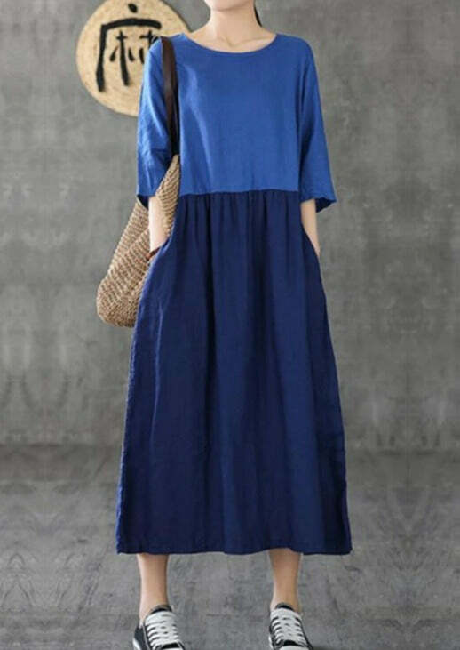 Y2K Patchwork Linen Dress - Half Sleeve, Blue, Summer Fashion, Retro 90s Grunge Outfit