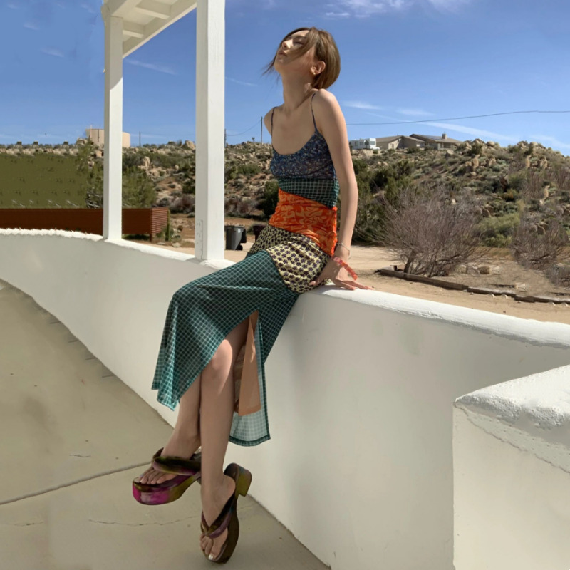 Y2K Patchwork Maxi Dress - Retro 90s Grunge Summer Outfit, Y2K Fashion for Women