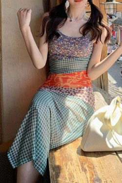Y2K Patchwork Maxi Dress - Retro 90s Grunge Summer Outfit, Y2K Fashion for Women