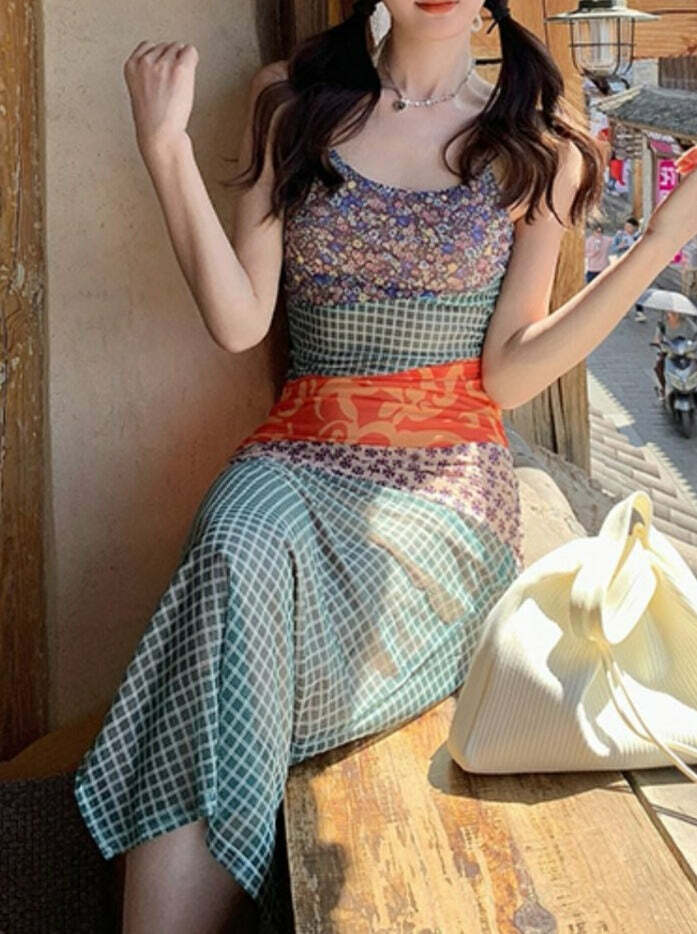 Y2K Patchwork Maxi Dress - Retro 90s Grunge Summer Outfit, Y2K Fashion for Women