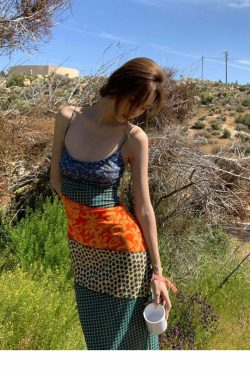 Y2K Patchwork Maxi Dress - Retro 90s Grunge Summer Outfit, Y2K Fashion for Women