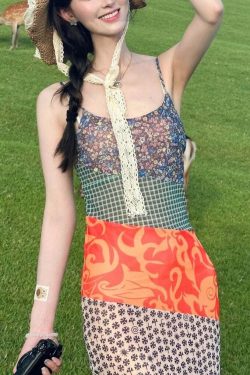 Y2K Patchwork Maxi Dress - Retro 90s Grunge Summer Outfit, Y2K Fashion for Women