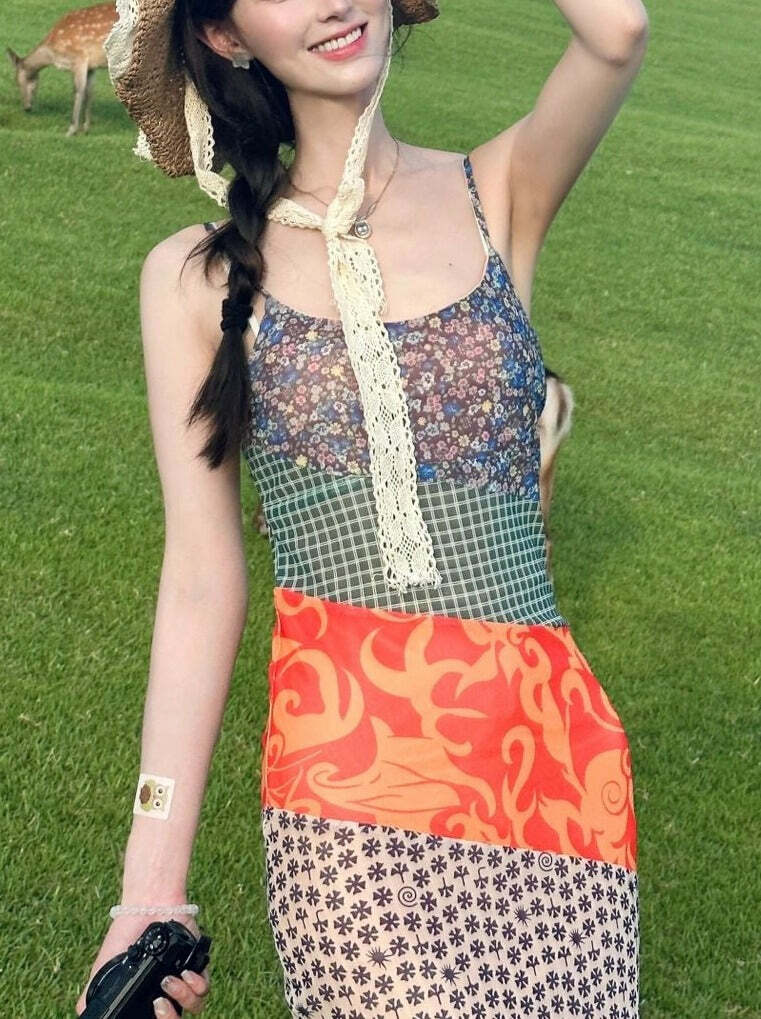Y2K Patchwork Maxi Dress - Retro 90s Grunge Summer Outfit, Y2K Fashion for Women