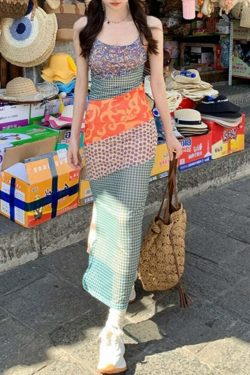 Y2K Patchwork Maxi Dress - Retro 90s Grunge Summer Outfit, Y2K Fashion for Women