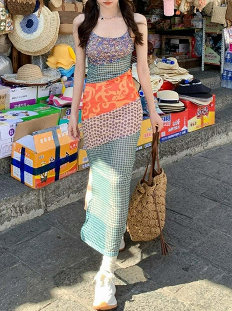 Y2K Patchwork Maxi Dress - Retro 90s Grunge Summer Outfit, Y2K Fashion for Women