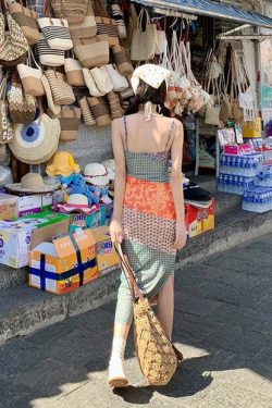Y2K Patchwork Maxi Dress - Retro 90s Grunge Summer Outfit, Y2K Fashion for Women