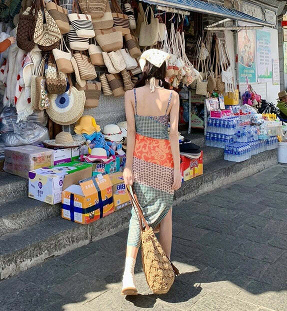 Y2K Patchwork Maxi Dress - Retro 90s Grunge Summer Outfit, Y2K Fashion for Women