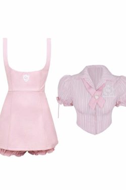 Y2K Pink Blouse Suspender Dress Set - Retro 90s Grunge Summer Outfit, Y2K Party & Club Fashion