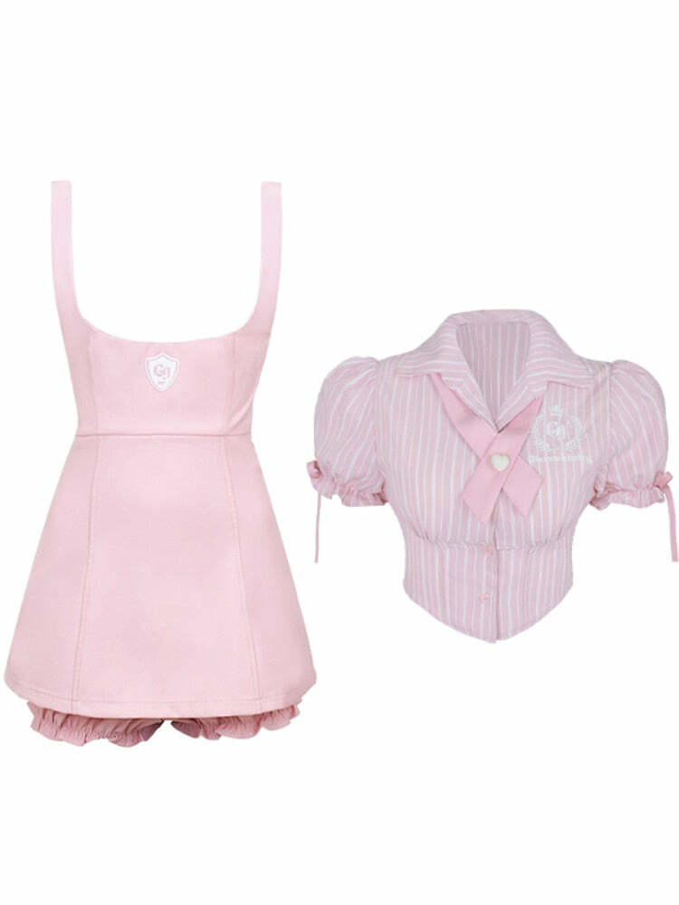 Y2K Pink Blouse Suspender Dress Set - Retro 90s Grunge Summer Outfit, Y2K Party & Club Fashion