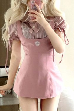 Y2K Pink Blouse Suspender Dress Set - Retro 90s Grunge Summer Outfit, Y2K Party & Club Fashion