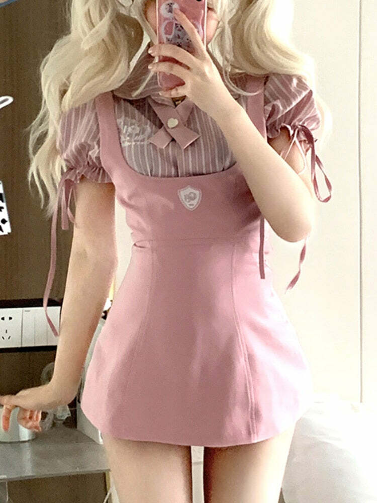 Y2K Pink Blouse Suspender Dress Set - Retro 90s Grunge Summer Outfit, Y2K Party & Club Fashion
