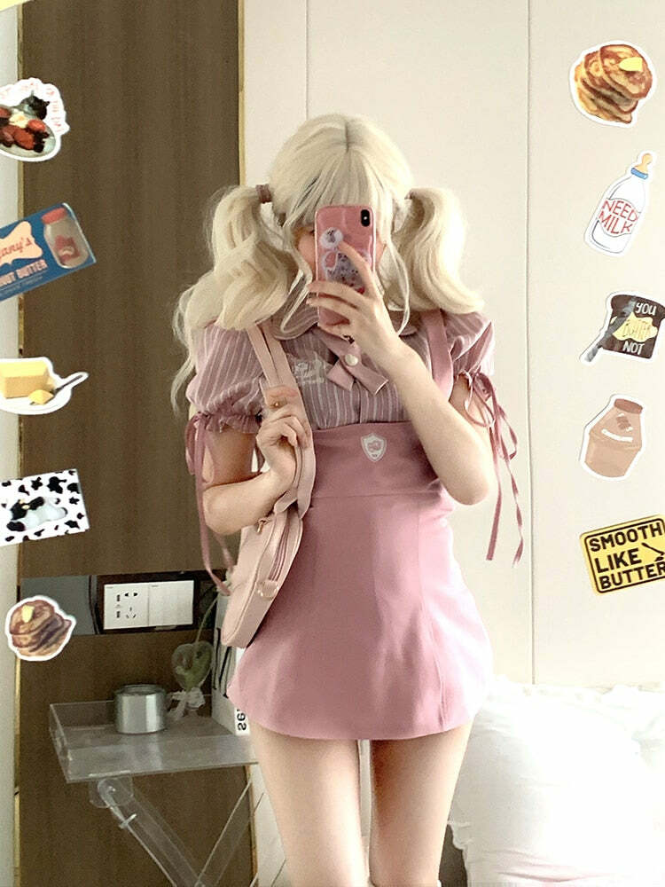 Y2K Pink Blouse Suspender Dress Set - Retro 90s Grunge Summer Outfit, Y2K Party & Club Fashion