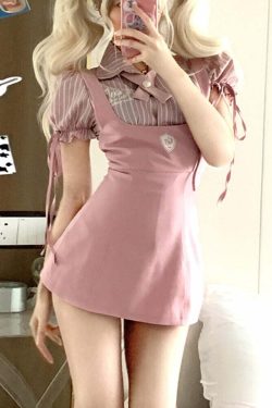 Y2K Pink Blouse Suspender Dress Set - Retro 90s Grunge Summer Outfit, Y2K Party & Club Fashion