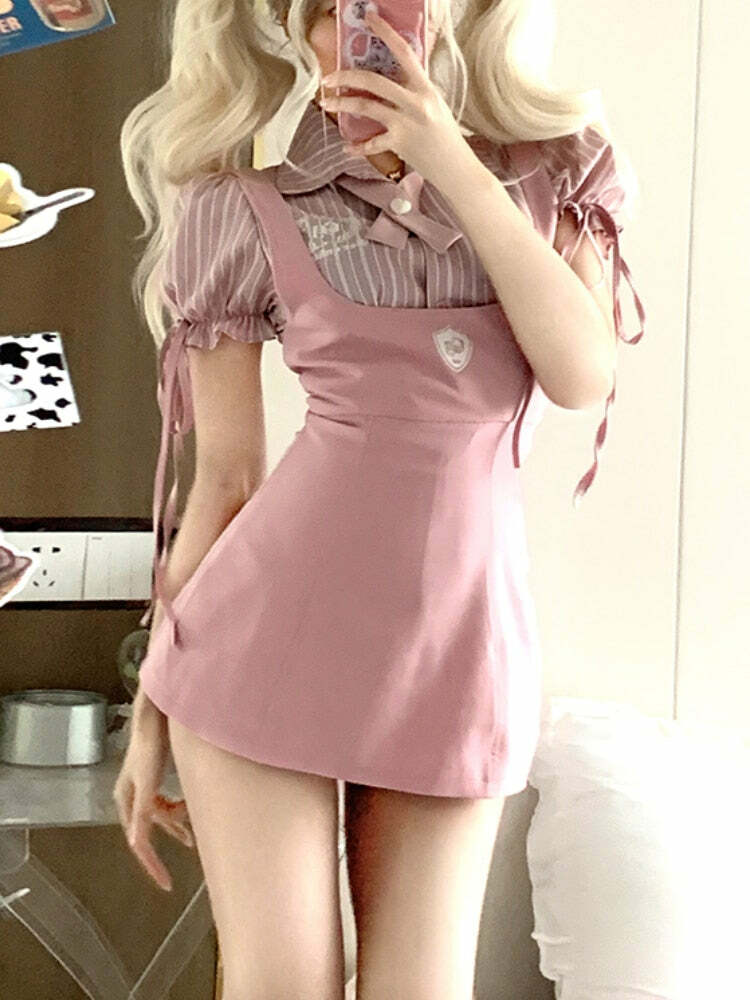 Y2K Pink Blouse Suspender Dress Set - Retro 90s Grunge Summer Outfit, Y2K Party & Club Fashion