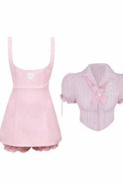 Y2K Pink Blouse Suspender Dress Set - Retro 90s Grunge Summer Outfit, Y2K Party & Club Fashion