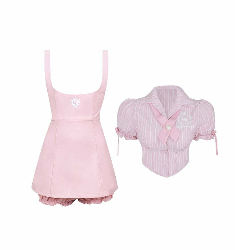 Y2K Pink Blouse Suspender Dress Set - Retro 90s Grunge Summer Outfit, Y2K Party & Club Fashion