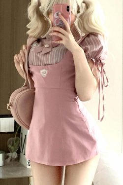 Y2K Pink Blouse Suspender Dress Set - Retro 90s Grunge Summer Outfit, Y2K Party & Club Fashion