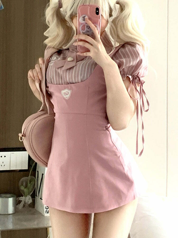 Y2K Pink Blouse Suspender Dress Set - Retro 90s Grunge Summer Outfit, Y2K Party & Club Fashion
