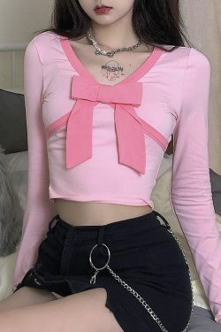 Y2K Pink Bow Crop Top - 90s Grunge, Retro Summer, Pastel Goth, Party & Club Outfits