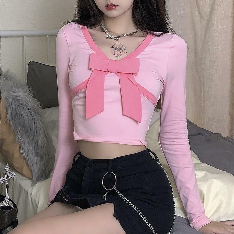 Y2K Pink Bow Crop Top - 90s Grunge, Retro Summer, Pastel Goth, Party & Club Outfits