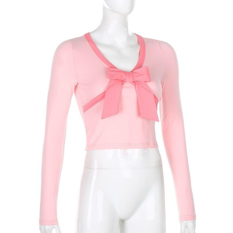 Y2K Pink Bow Crop Top - 90s Grunge, Retro Summer, Pastel Goth, Party & Club Outfits