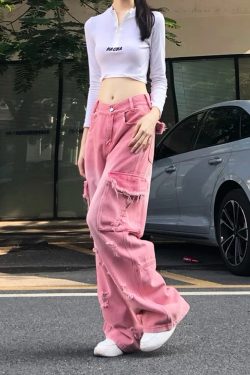Y2K Pink Cargo Jeans - 90s Grunge, Retro Summer, Pastel Goth, Hip Hop Fashion