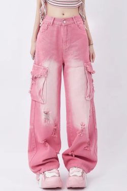 Y2K Pink Cargo Jeans - 90s Grunge, Retro Summer, Pastel Goth, Hip Hop Fashion