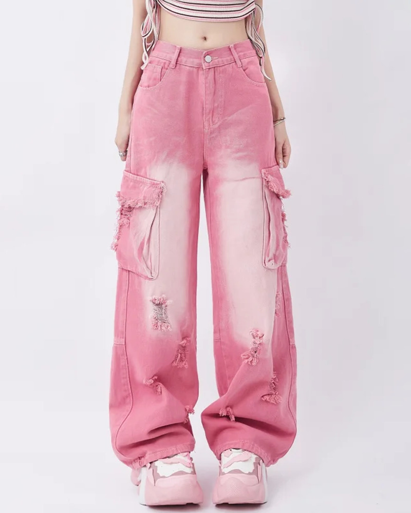 Y2K Pink Cargo Jeans - 90s Grunge, Retro Summer, Pastel Goth, Hip Hop Fashion