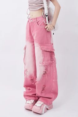 Y2K Pink Cargo Jeans - 90s Grunge, Retro Summer, Pastel Goth, Hip Hop Fashion