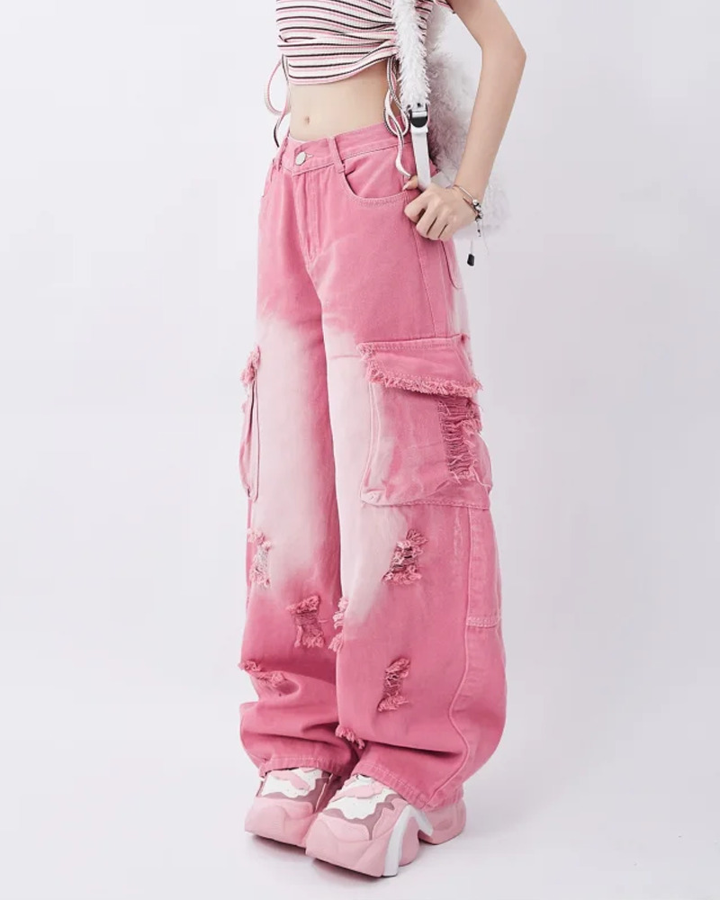 Y2K Pink Cargo Jeans - 90s Grunge, Retro Summer, Pastel Goth, Hip Hop Fashion