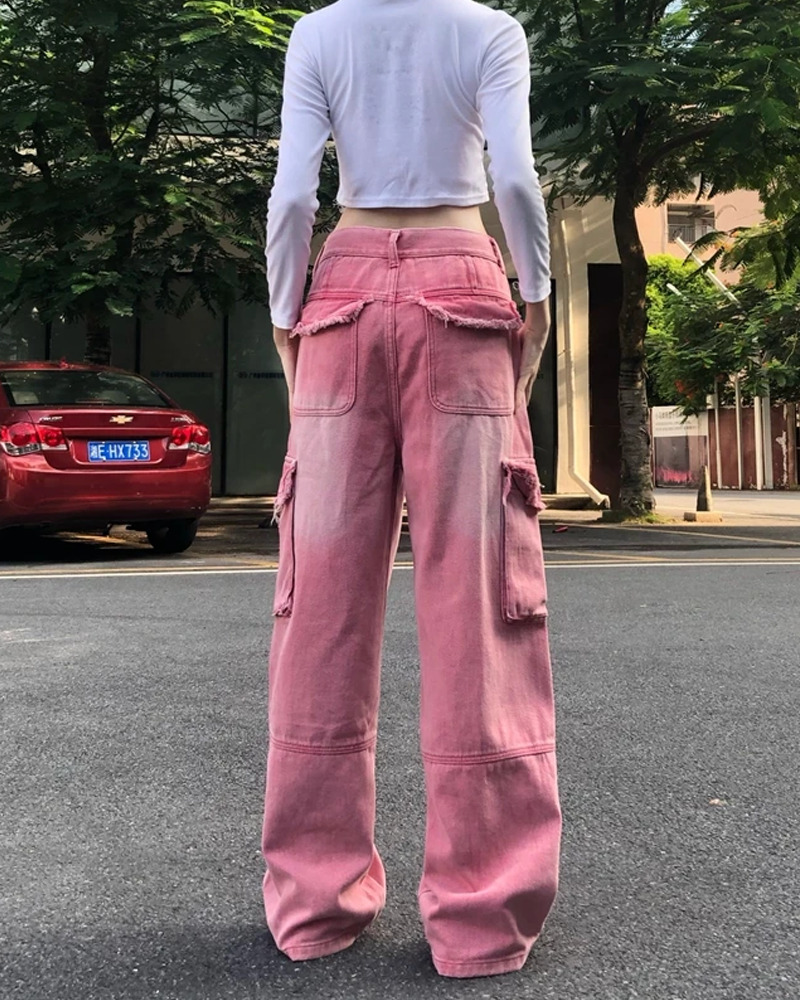 Y2K Pink Cargo Jeans - 90s Grunge, Retro Summer, Pastel Goth, Hip Hop Fashion