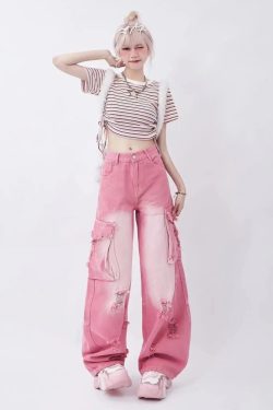Y2K Pink Cargo Jeans - 90s Grunge, Retro Summer, Pastel Goth, Hip Hop Fashion
