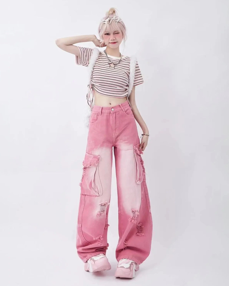 Y2K Pink Cargo Jeans - 90s Grunge, Retro Summer, Pastel Goth, Hip Hop Fashion