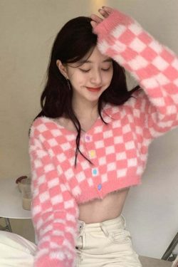Y2K Pink Checker Knitted Cardigan - Retro 90s Grunge, Summer Outfits, and Pastel Goth Style