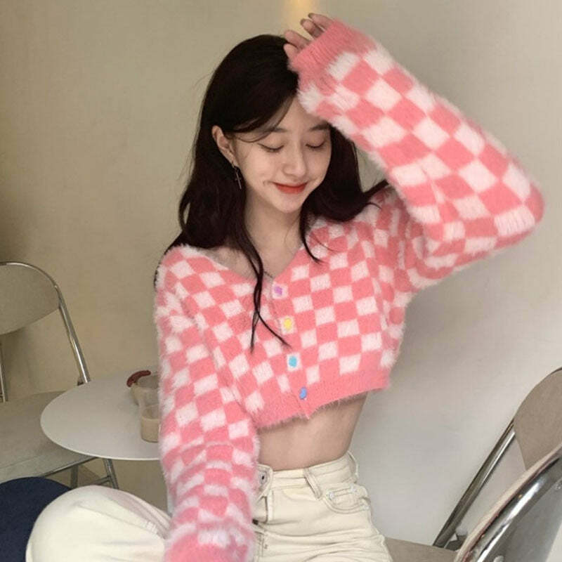 Y2K Pink Checker Knitted Cardigan - Retro 90s Grunge, Summer Outfits, and Pastel Goth Style